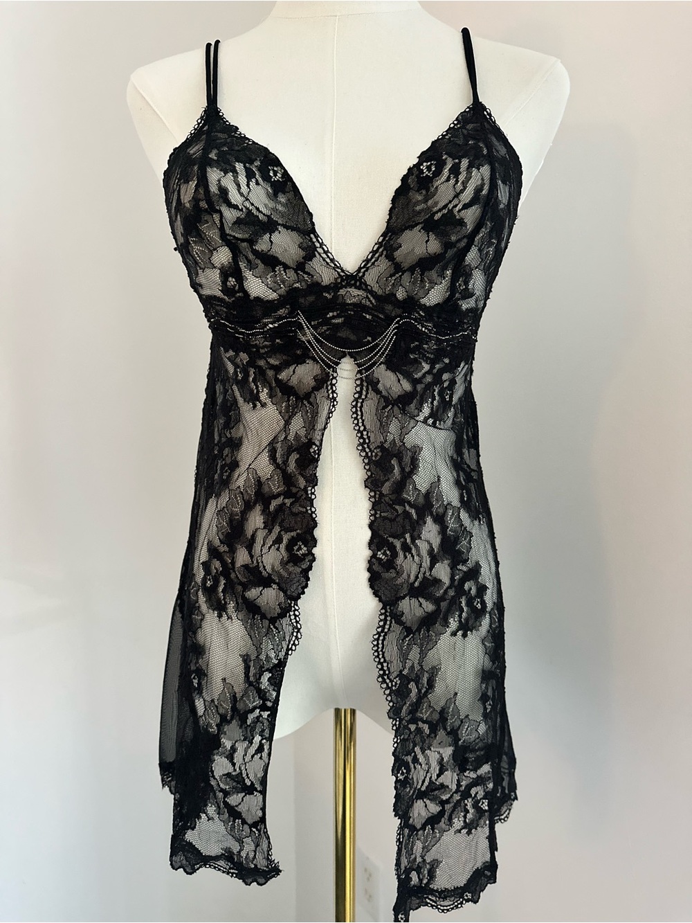 La Perla Black Lace Babydoll Chemise with Chain Detail #053